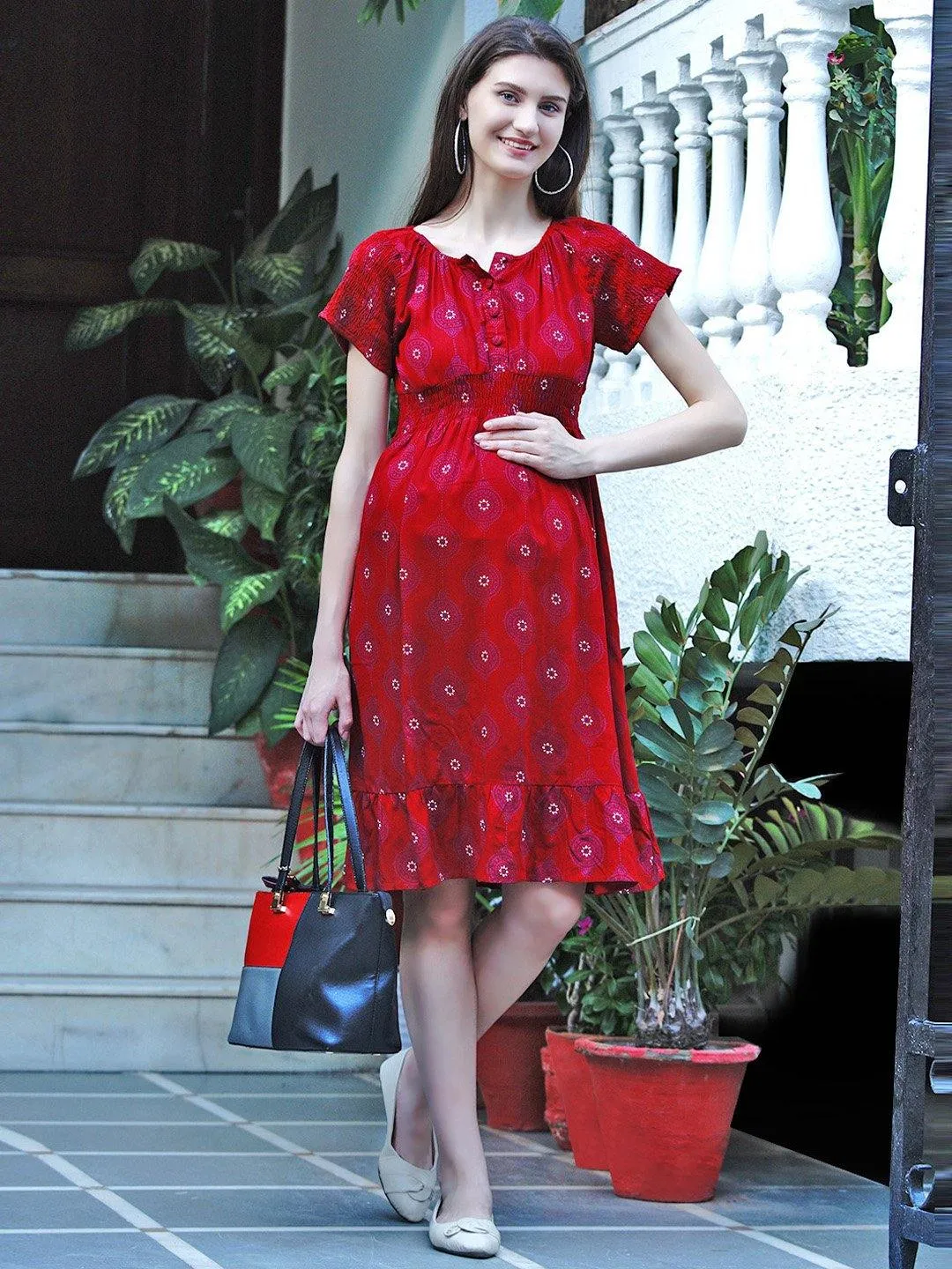 Red Geometric Printed Maternity and Nursing Midi Dress