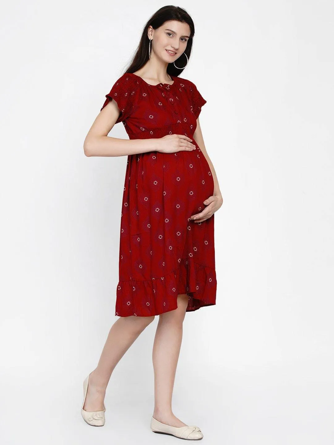 Red Geometric Printed Maternity and Nursing Midi Dress