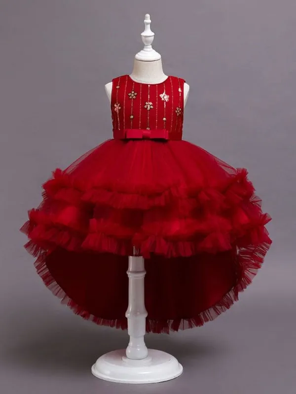 Red Sequined Tulle Hi-Lo Flower Girl Dresses A-Line Jewel Neck Sleeveless Princess Dress