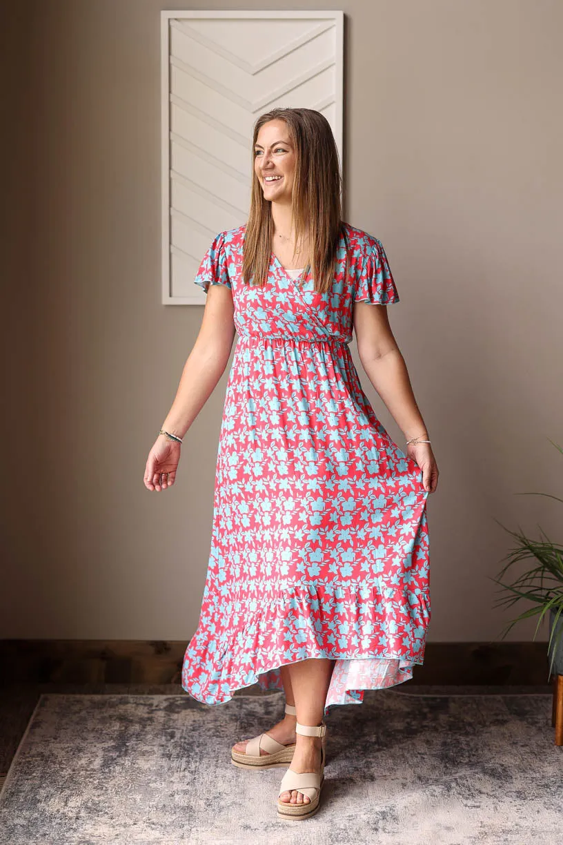 Red V-Neck Floral Maxi Dress