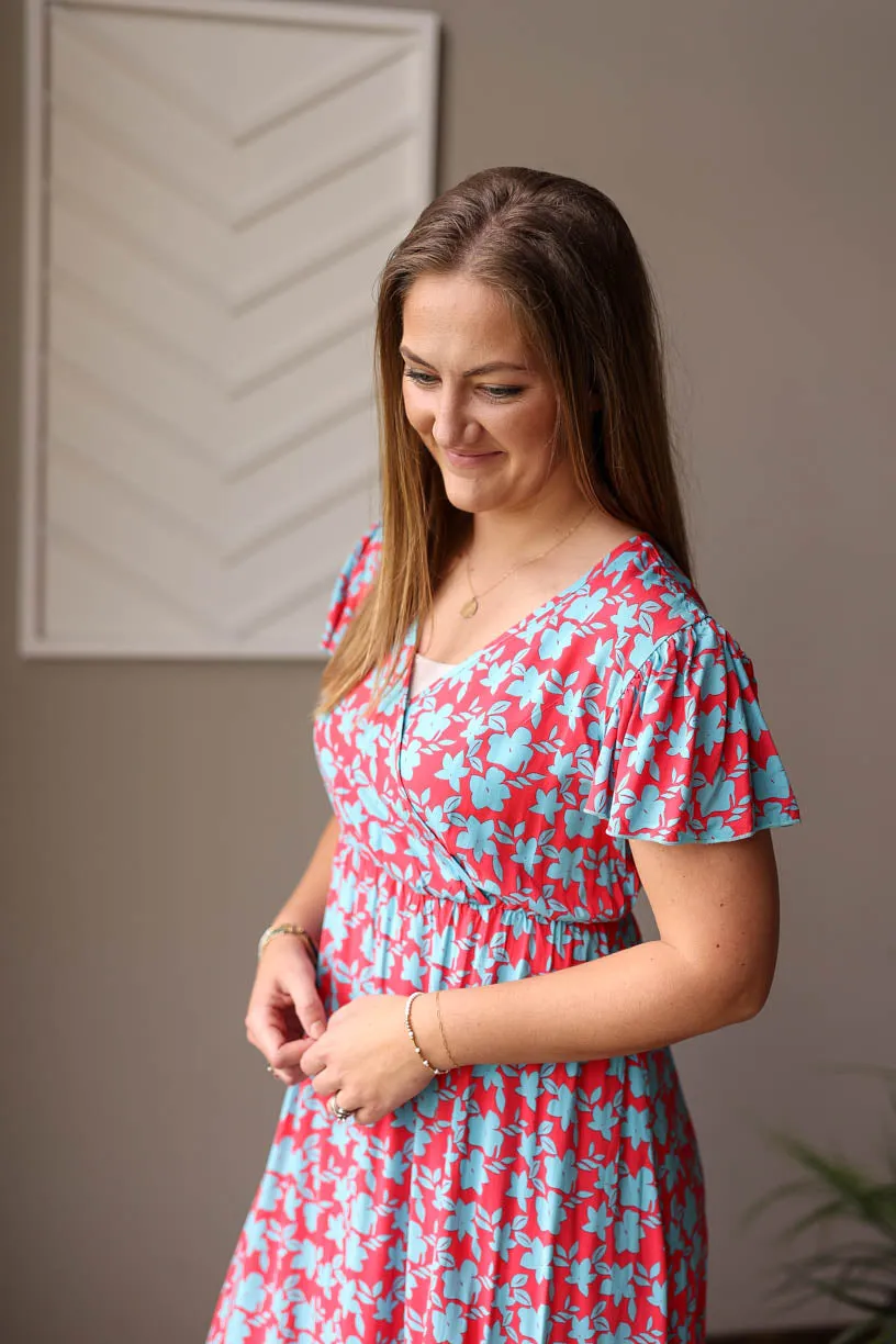 Red V-Neck Floral Maxi Dress