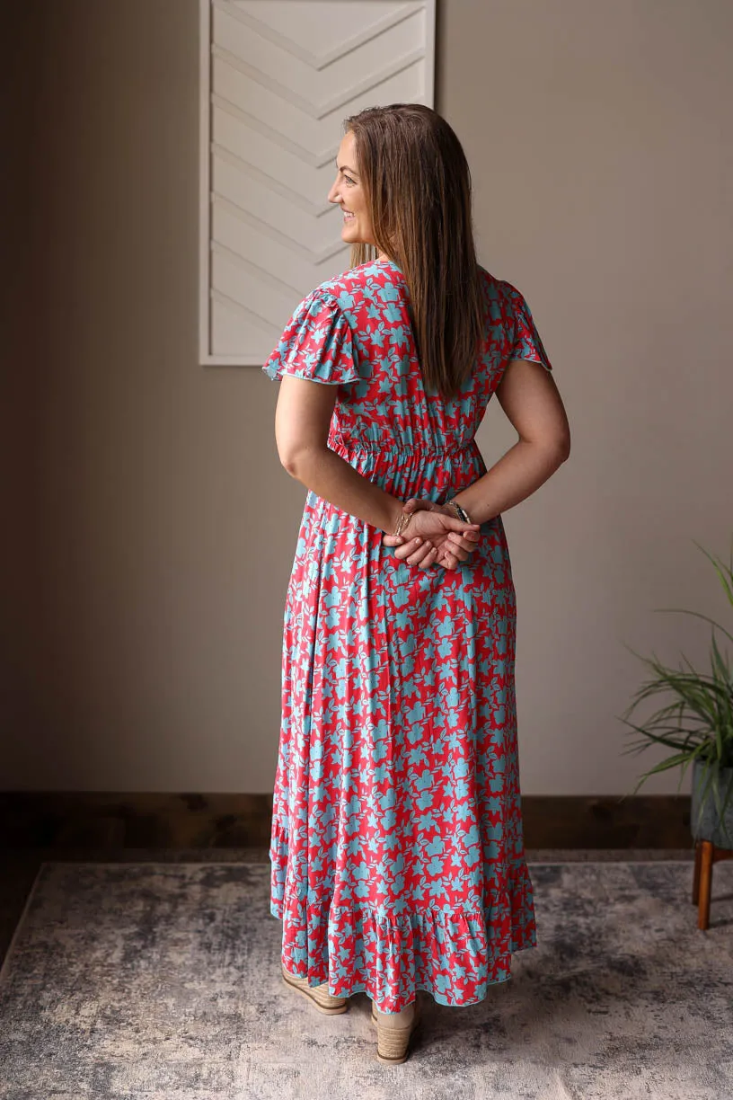 Red V-Neck Floral Maxi Dress