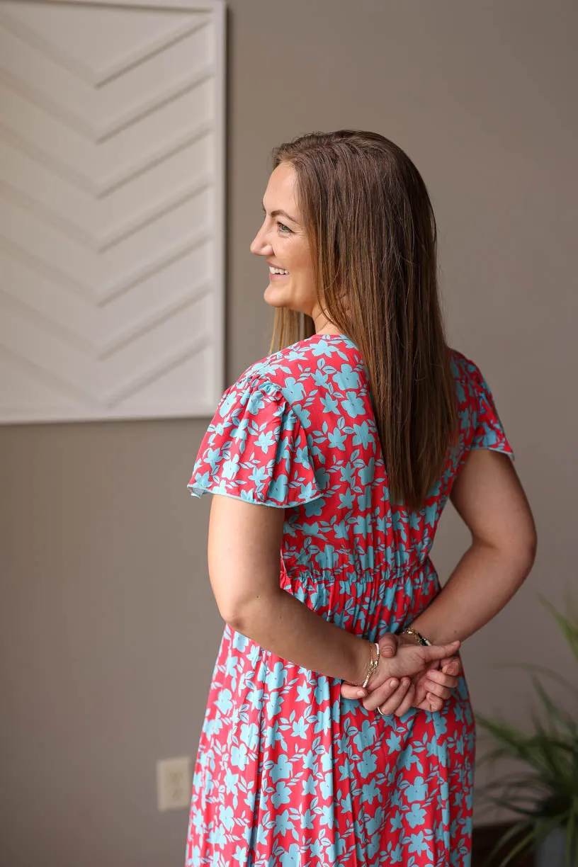 Red V-Neck Floral Maxi Dress