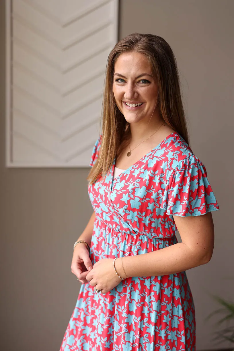 Red V-Neck Floral Maxi Dress