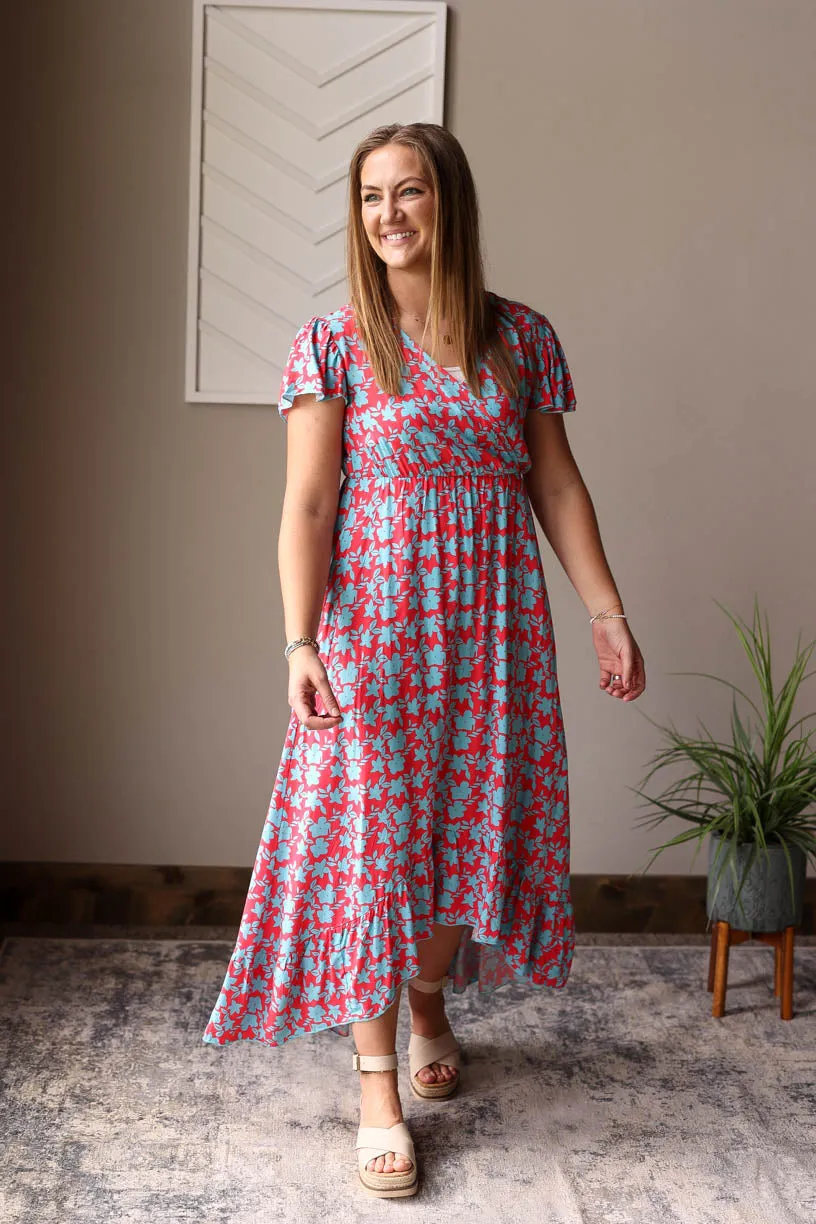 Red V-Neck Floral Maxi Dress