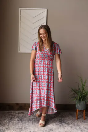 Red V-Neck Floral Maxi Dress