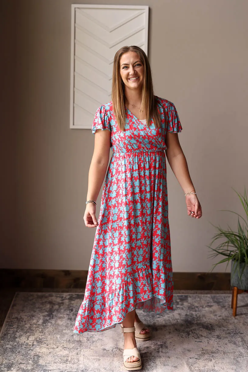 Red V-Neck Floral Maxi Dress