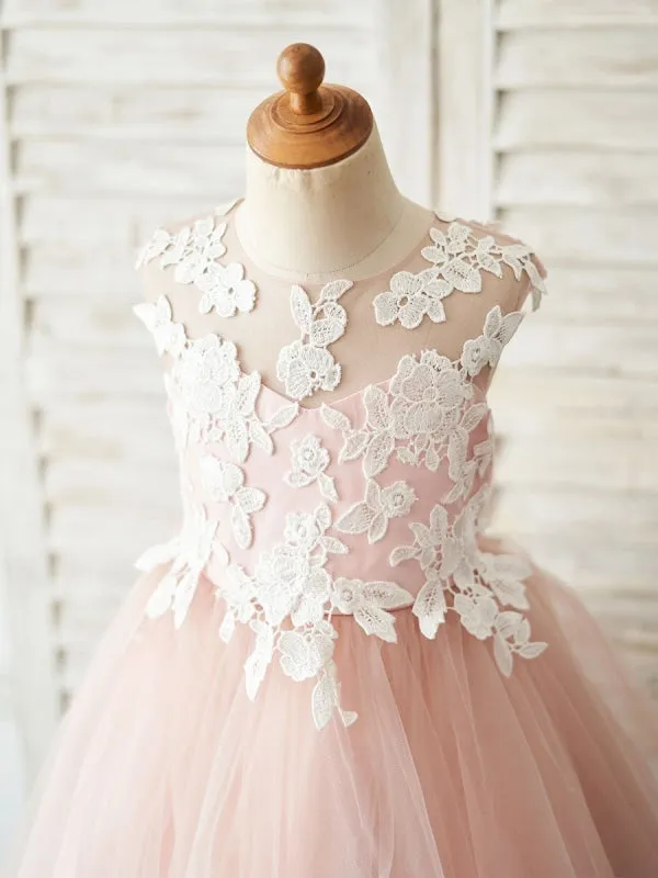 Romantic Tulle Floral Flower Girl Dresses Jewel Neck Sleeveless Kids Dress for wedding