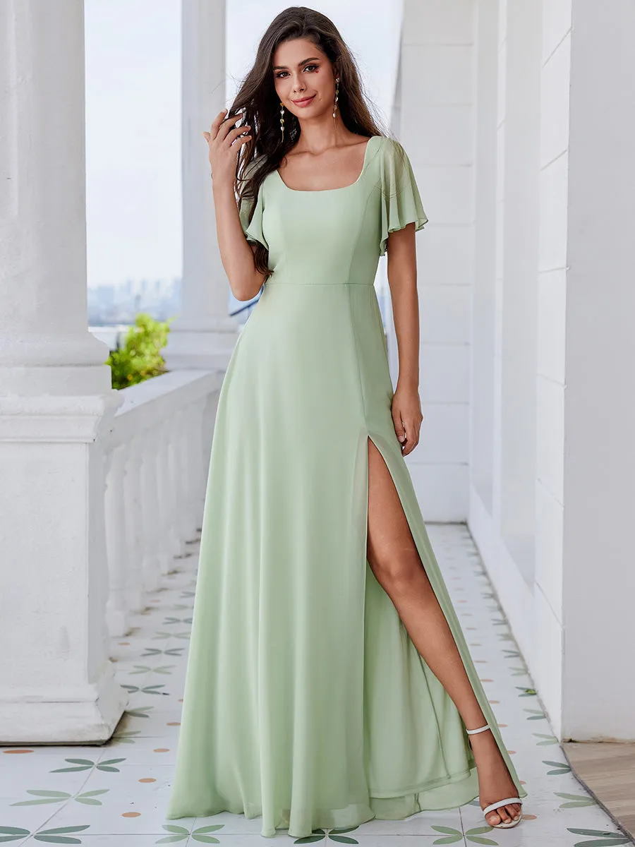 Romantic U Neck Ruffles Sleeve A-Line Side Split Bridesmaids Dress Lotus Leaf Back bow tie Chiffon Dresses