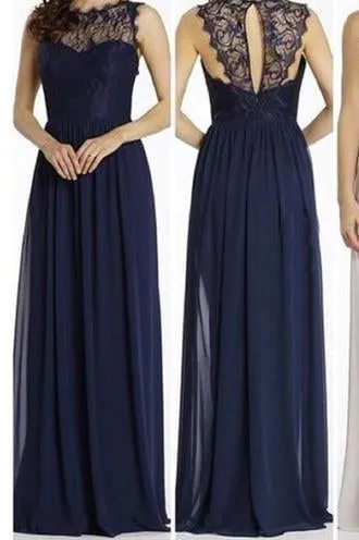 Round Neckline Illusion Lace Top Chiffon A-line Popular Open Back Bridesmaid Dresses