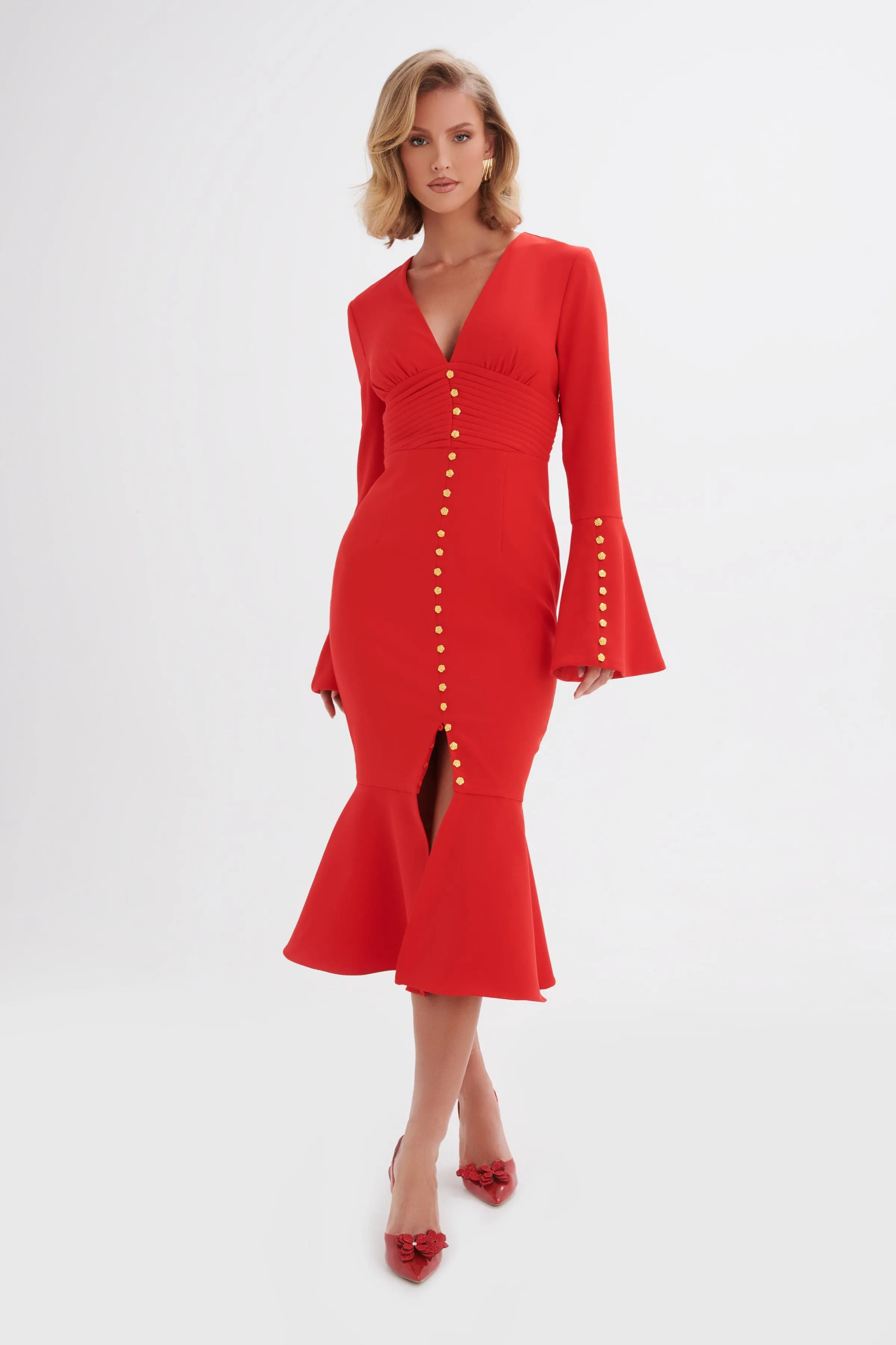 SALMA Fluted Sleeve Rose Button Midi Dress in Red