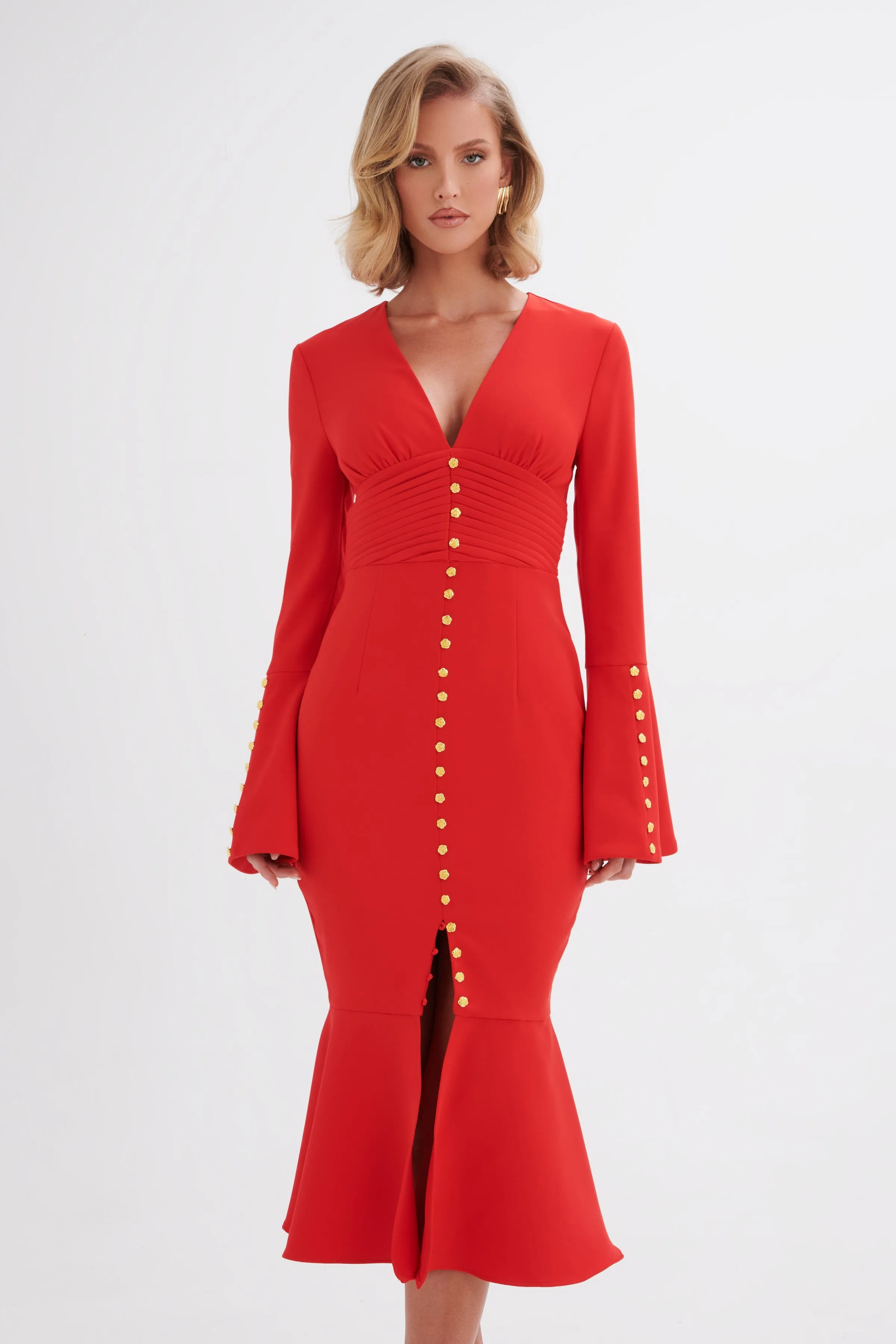 SALMA Fluted Sleeve Rose Button Midi Dress in Red