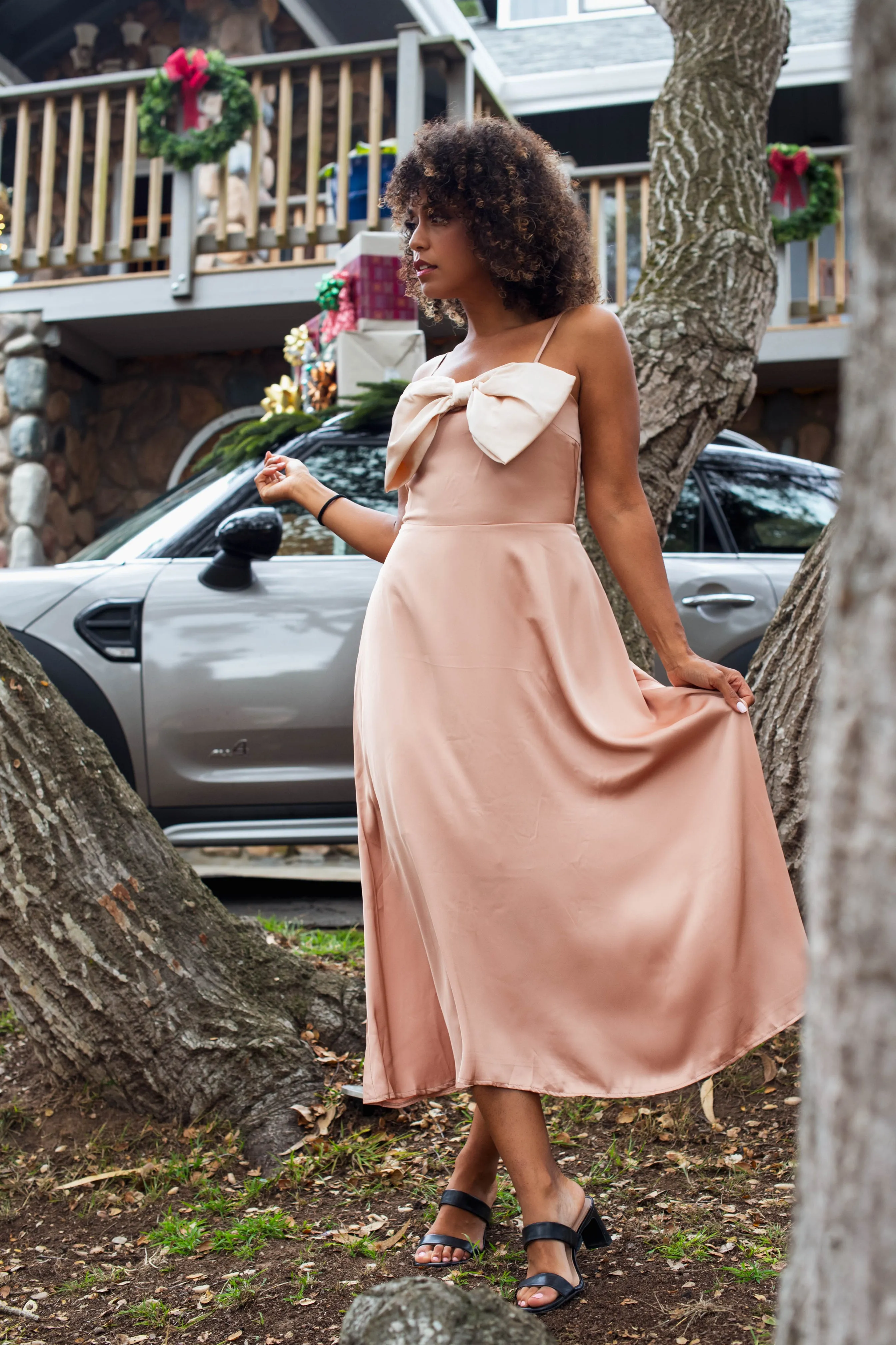 Satin Splendor Midi Dress Dress - Nude/Champagne