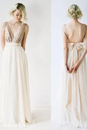 Sequin Sexy Chiffon Long Backless V-Neck Backless Sleeveless A-Line Bridesmaid Dresses