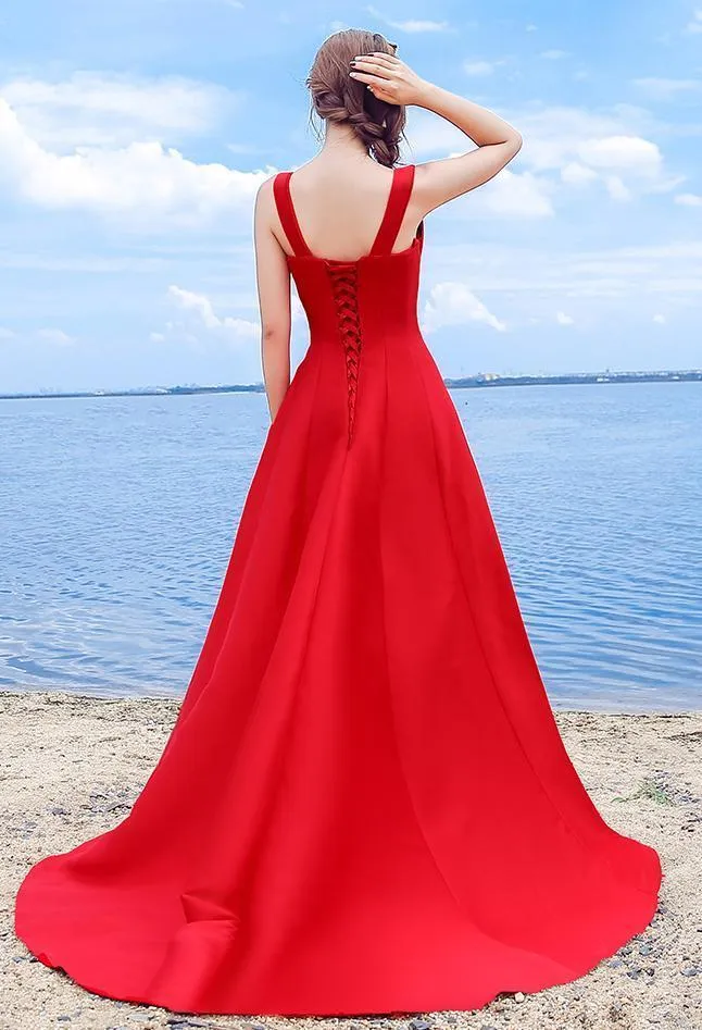 Sexy Elegant Red A-line Halter Satin Sweetheart Lace Up Simple Prom Dresses