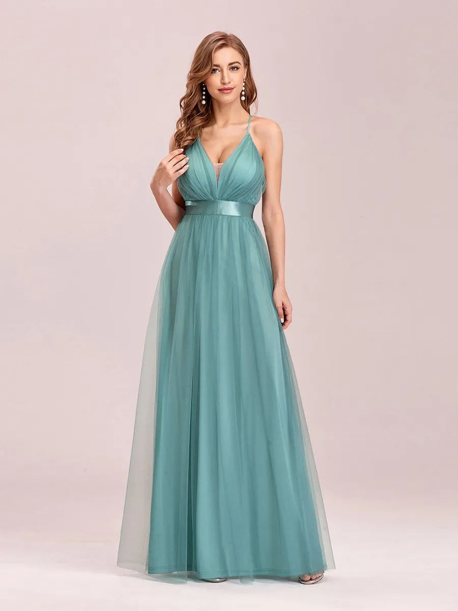 Sexy Floor Length Deep V-neck A-line Tulle Backless Evening Dresses Wholesale