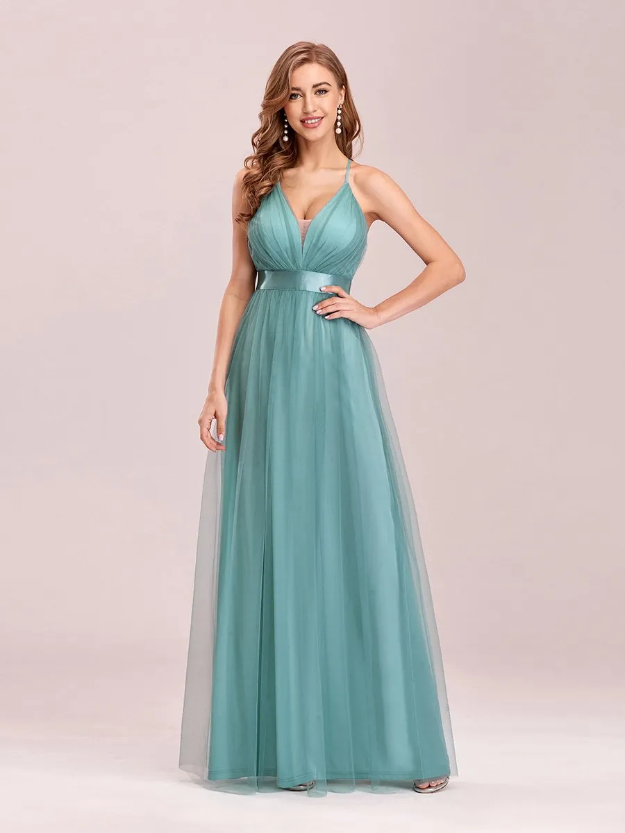 Sexy Floor Length Deep V-neck A-line Tulle Backless Evening Dresses Wholesale