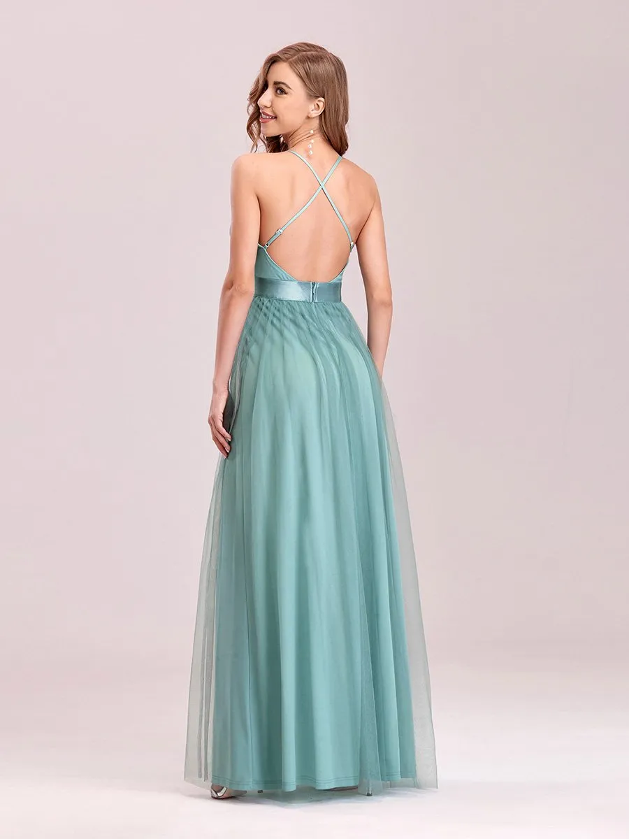 Sexy Floor Length Deep V-neck A-line Tulle Backless Evening Dresses Wholesale