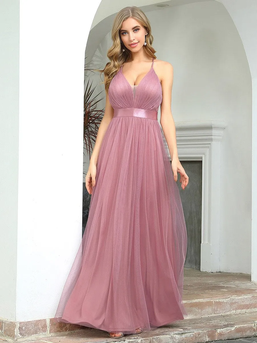 Sexy Floor Length Deep V-neck A-line Tulle Backless Evening Dresses Wholesale