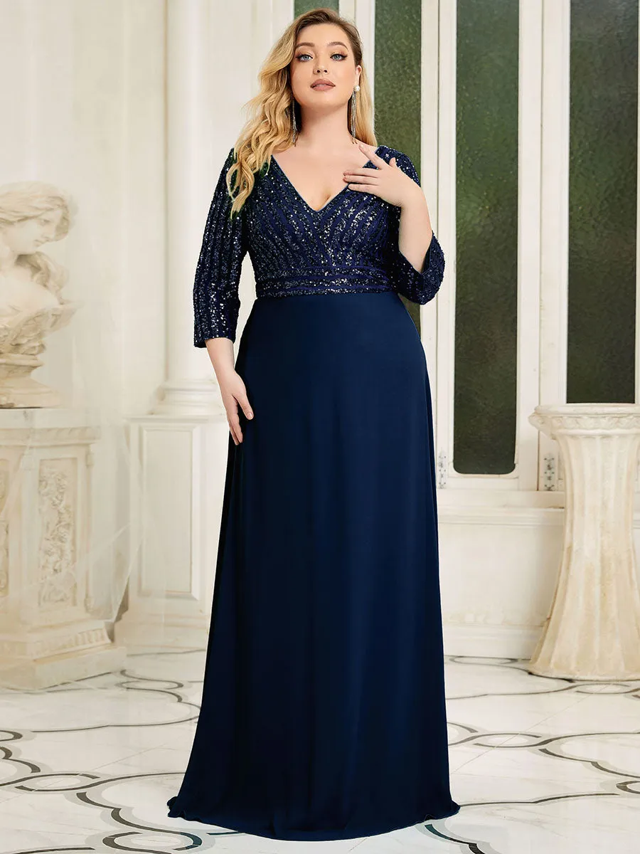 Sexy V Neck Pretty A-Line Sequin Wholesale Evening Dresses With 3/4 Sleeve