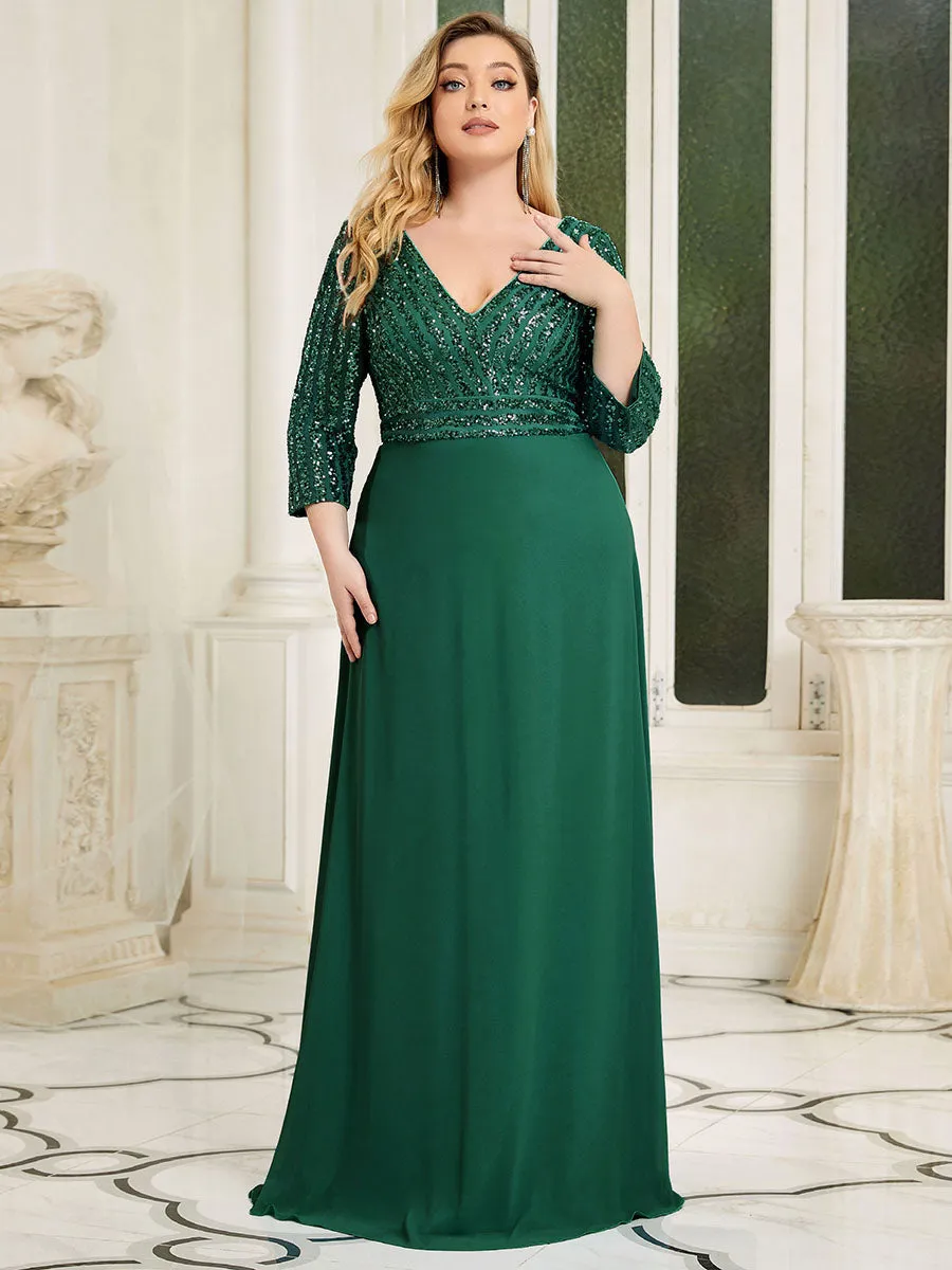 Sexy V Neck Pretty A-Line Sequin Wholesale Evening Dresses With 3/4 Sleeve