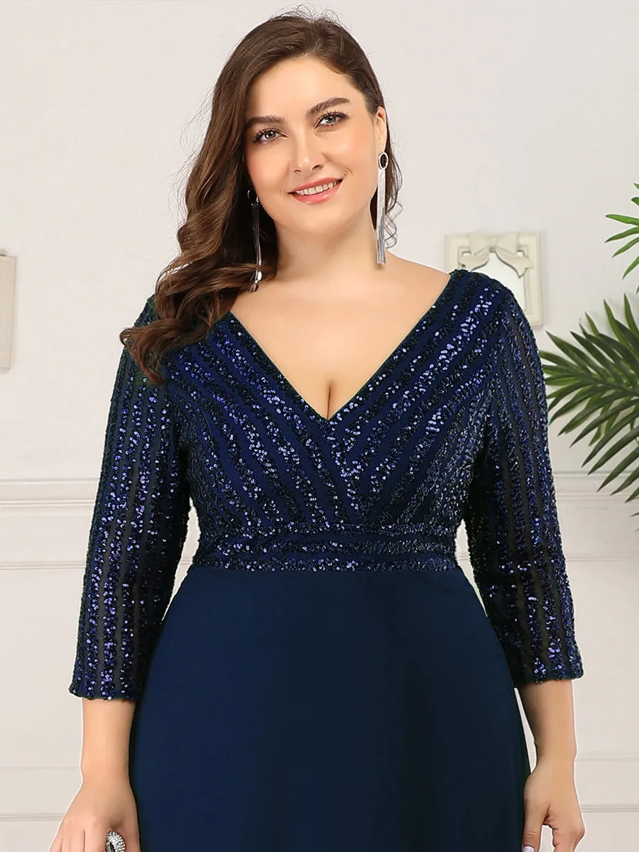 Sexy V Neck Pretty A-Line Sequin Wholesale Evening Dresses With 3/4 Sleeve