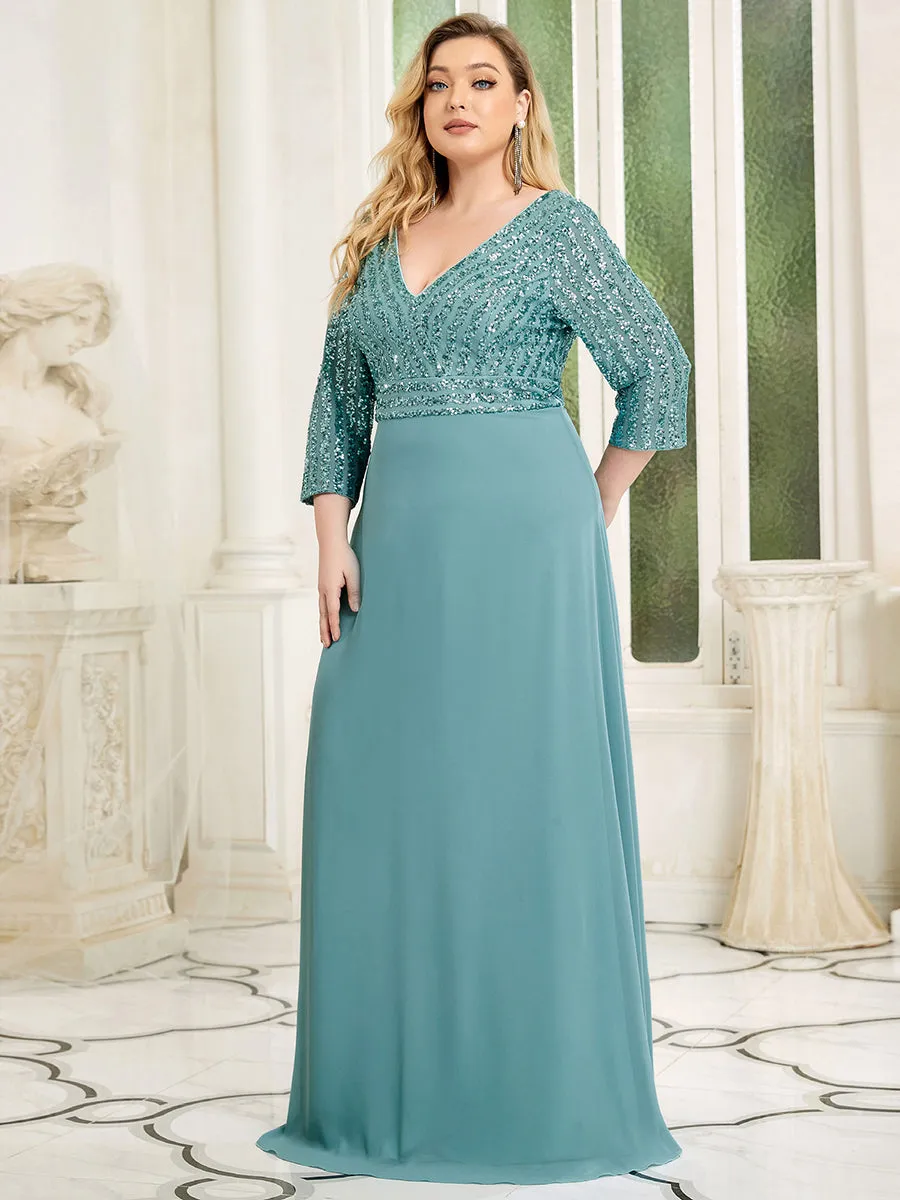 Sexy V Neck Pretty A-Line Sequin Wholesale Evening Dresses With 3/4 Sleeve