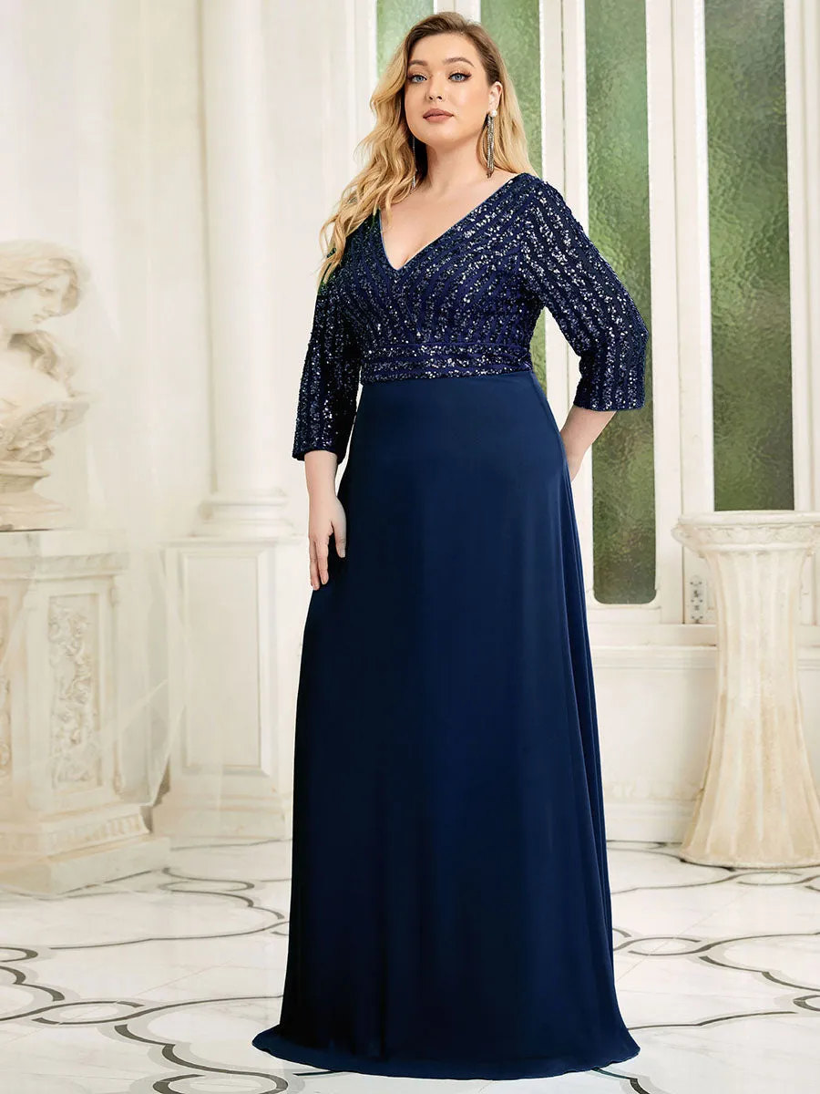 Sexy V Neck Pretty A-Line Sequin Wholesale Evening Dresses With 3/4 Sleeve