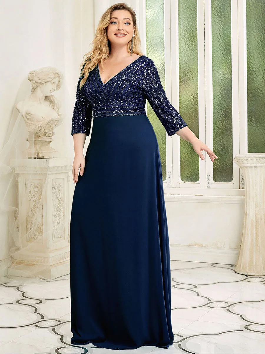 Sexy V Neck Pretty A-Line Sequin Wholesale Evening Dresses With 3/4 Sleeve