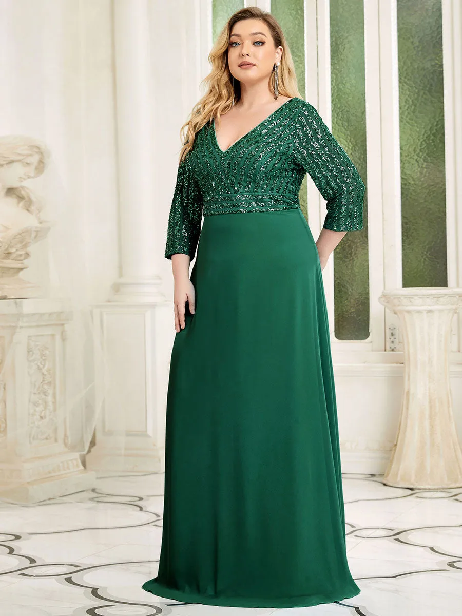 Sexy V Neck Pretty A-Line Sequin Wholesale Evening Dresses With 3/4 Sleeve