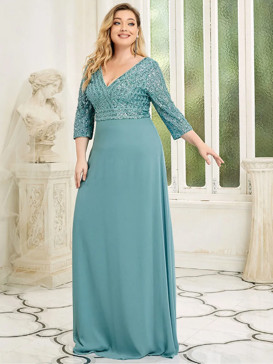 Sexy V Neck Pretty A-Line Sequin Wholesale Evening Dresses With 3/4 Sleeve