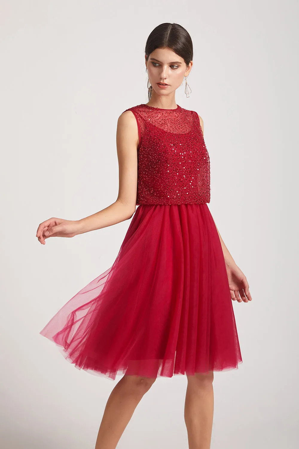 Short Spaghetti Straps A-Line Tulle Prom Dresses with Sparkly Waistcoat (AF0153)