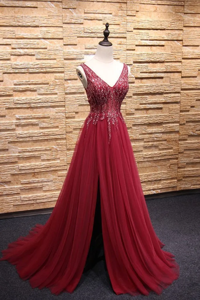 Simple A-Line Burgundy V-Neck Beads Tulle Long Sleeveless Slit Backless Prom Dresses