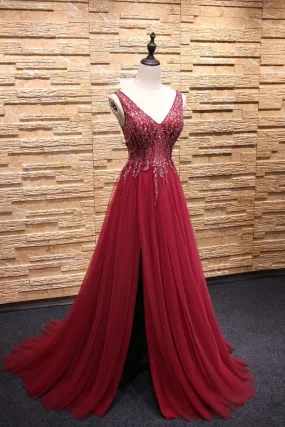 Simple A-Line Burgundy V-Neck Beads Tulle Long Sleeveless Slit Backless Prom Dresses