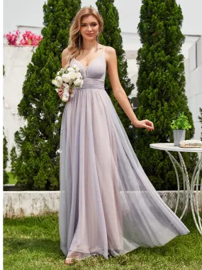 Simple Deep V Neck See-Through Empire Waist Tulle Dresses Spaghetti Straps Backless A-Line Bridesmaids Dress