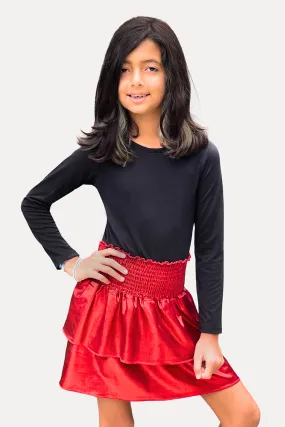 Simply Soft Long Sleeve Smocked Skirt Dress - Black Red Foil