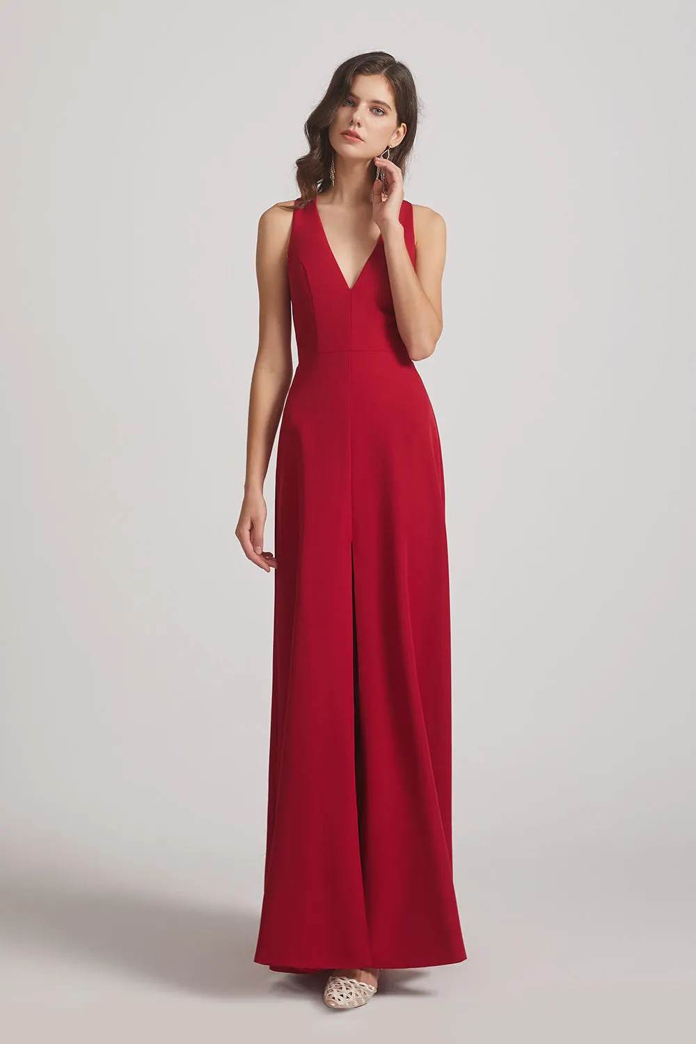 Sleeveless V-Neck Front Slit Long Bridesmaid Dresses with Open Back (AF0018)