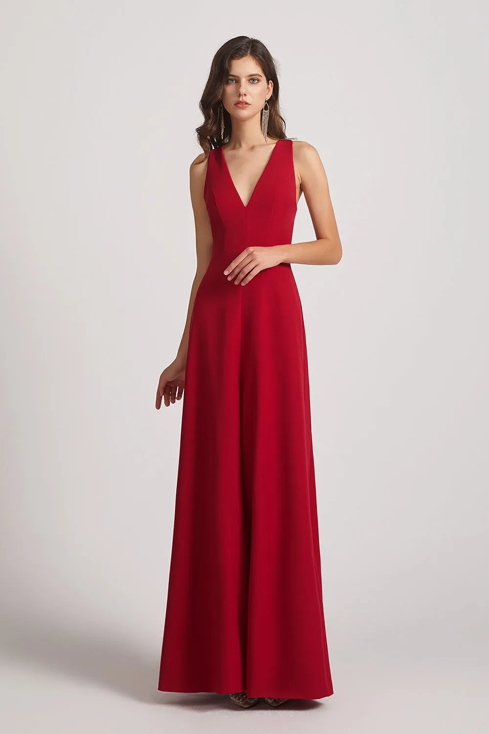 Sleeveless V-Neck Front Slit Long Bridesmaid Dresses with Open Back (AF0018)