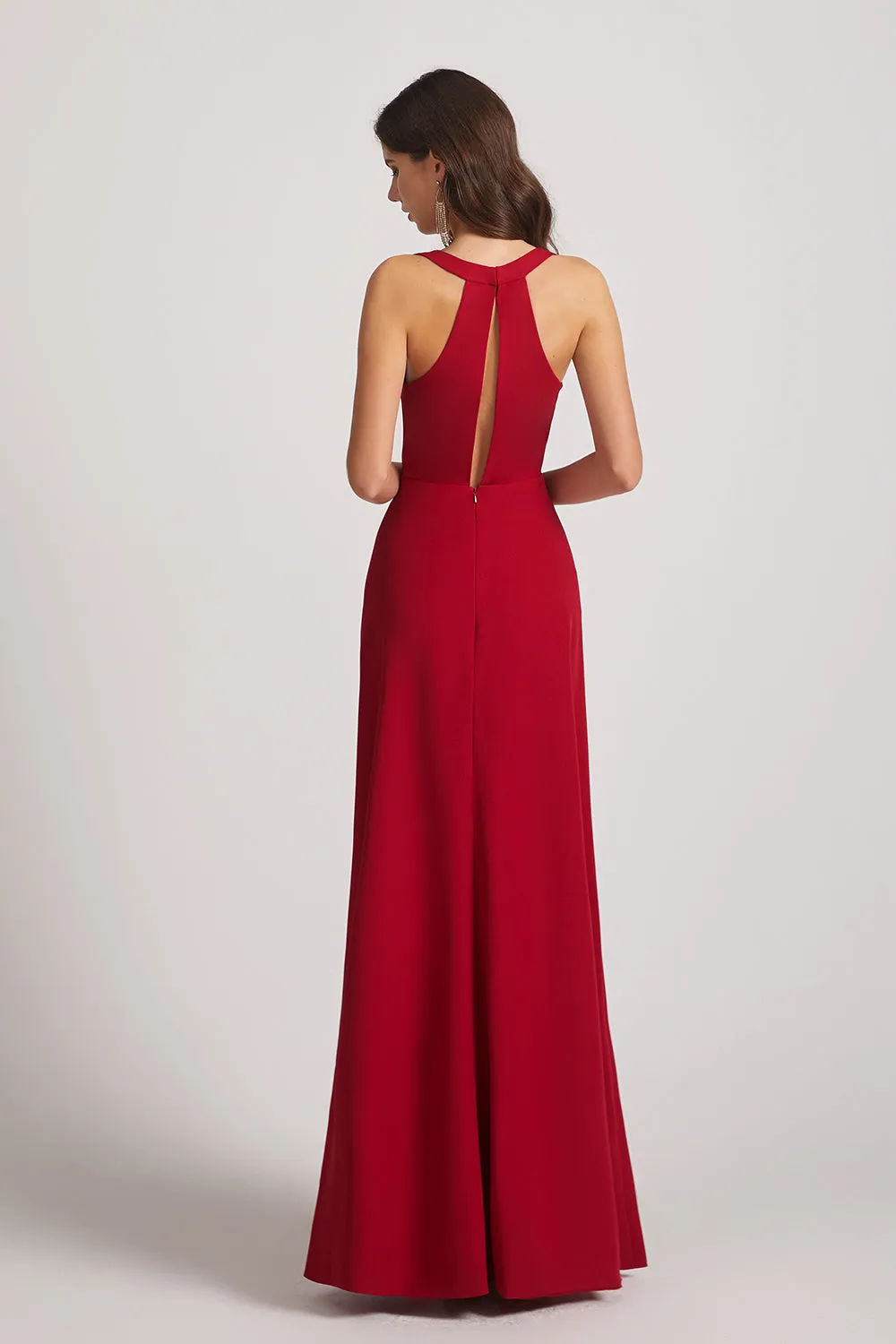 Sleeveless V-Neck Front Slit Long Bridesmaid Dresses with Open Back (AF0018)