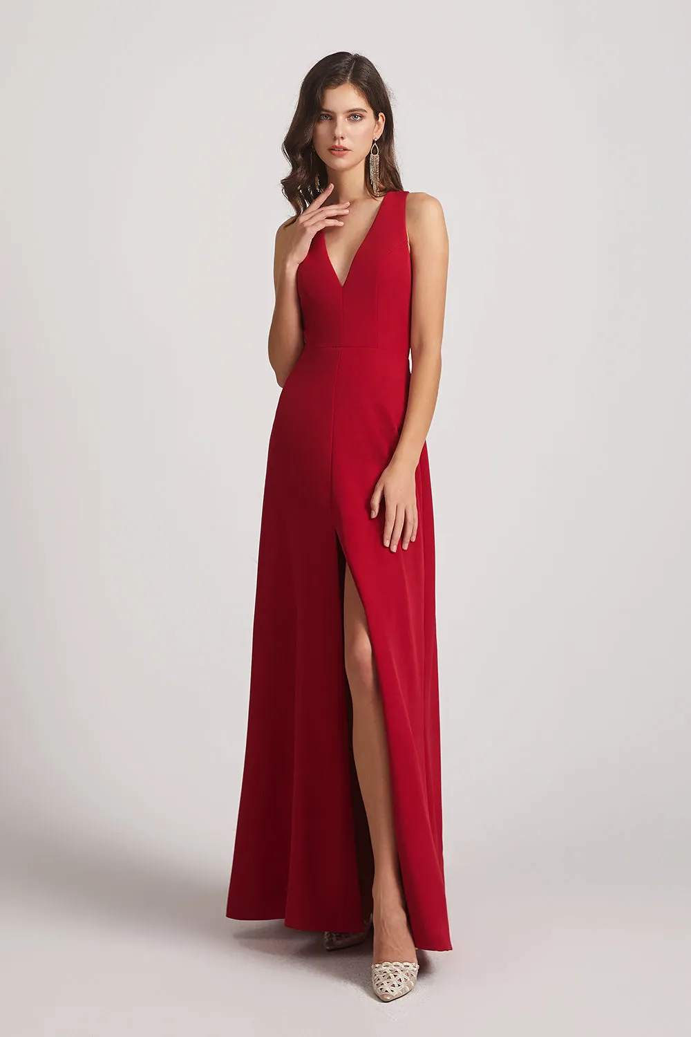 Sleeveless V-Neck Front Slit Long Bridesmaid Dresses with Open Back (AF0018)