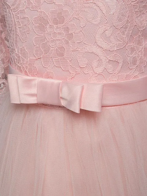 Soft Pink Tulle A Line Flower Girl Dresses Half Sleeve Lace Formal Dress with Bow