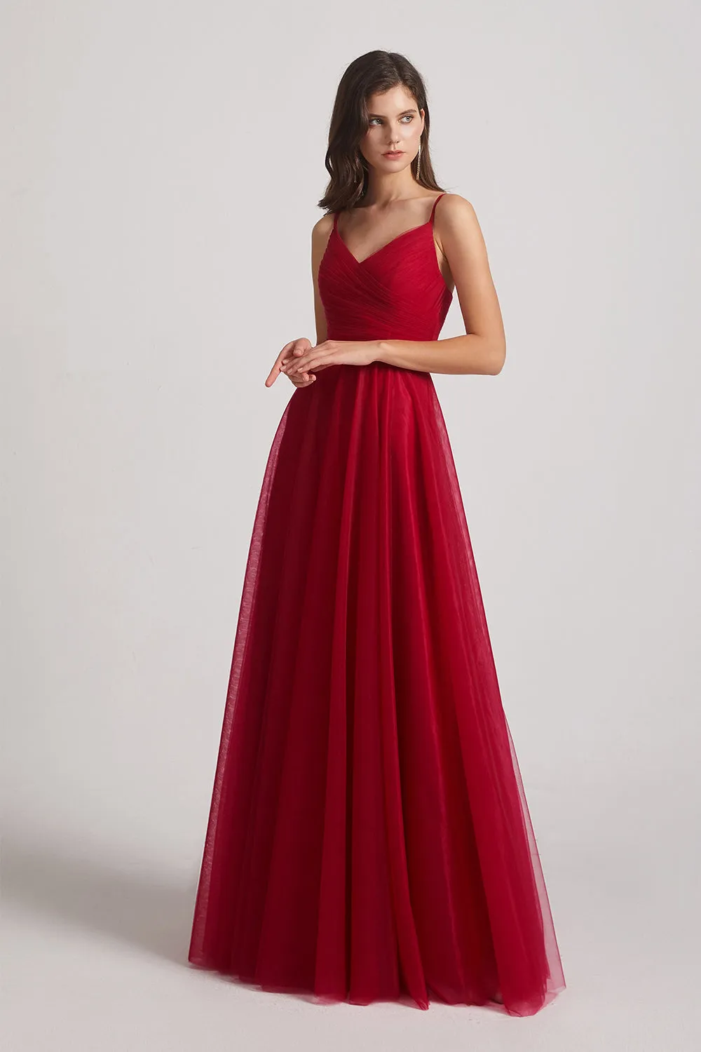 Spaghetti Straps Pleated A-Line V-Neck Tulle Prom Dresses (AF0037)