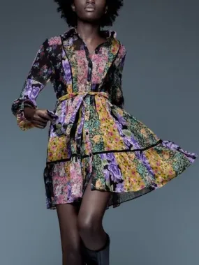 Spring Autumn Women Printed Mini Dresses With Belt Elegant Turn Down Collar Dress A-line Long Sleeve Vestidos