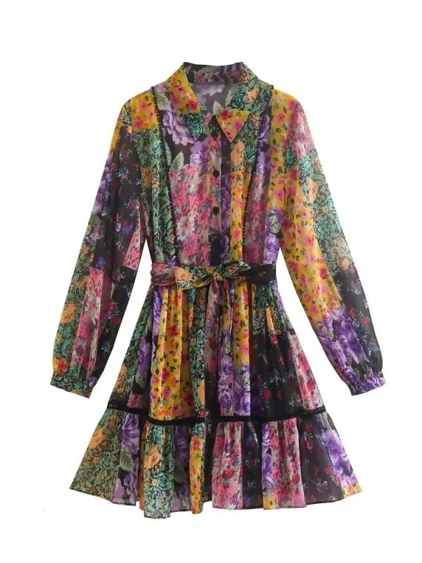 Spring Autumn Women Printed Mini Dresses With Belt Elegant Turn Down Collar Dress A-line Long Sleeve Vestidos