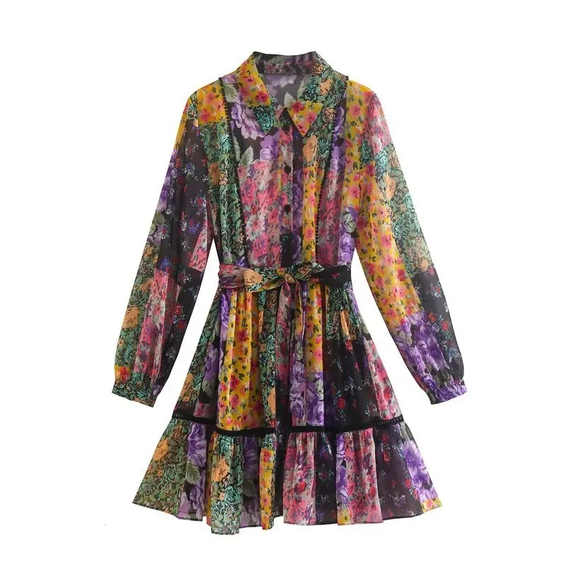 Spring Autumn Women Printed Mini Dresses With Belt Elegant Turn Down Collar Dress A-line Long Sleeve Vestidos