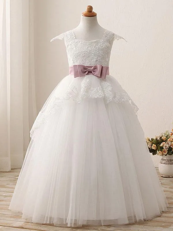 Square Neck Lace Short Sleeves Flower Girl Dresses Cap Sleeves White Ball Gown with Bows