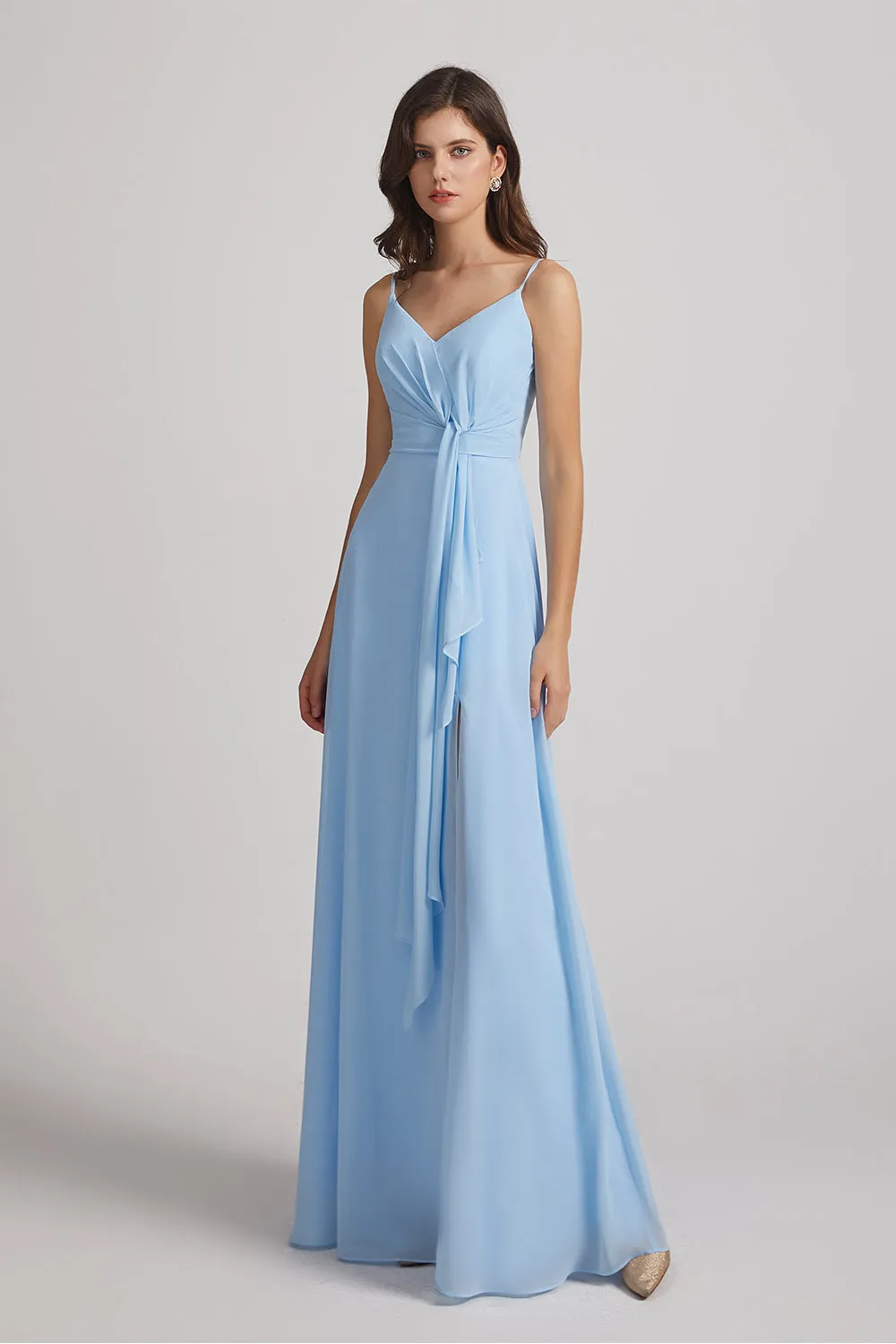 Straps V-Neck Chiffon Bridesmaid Dresses with Waist Knot and Side Slit (AF0101)