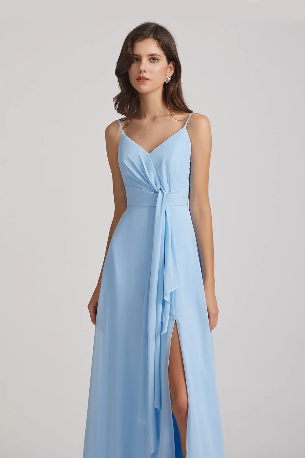 Straps V-Neck Chiffon Bridesmaid Dresses with Waist Knot and Side Slit (AF0101)