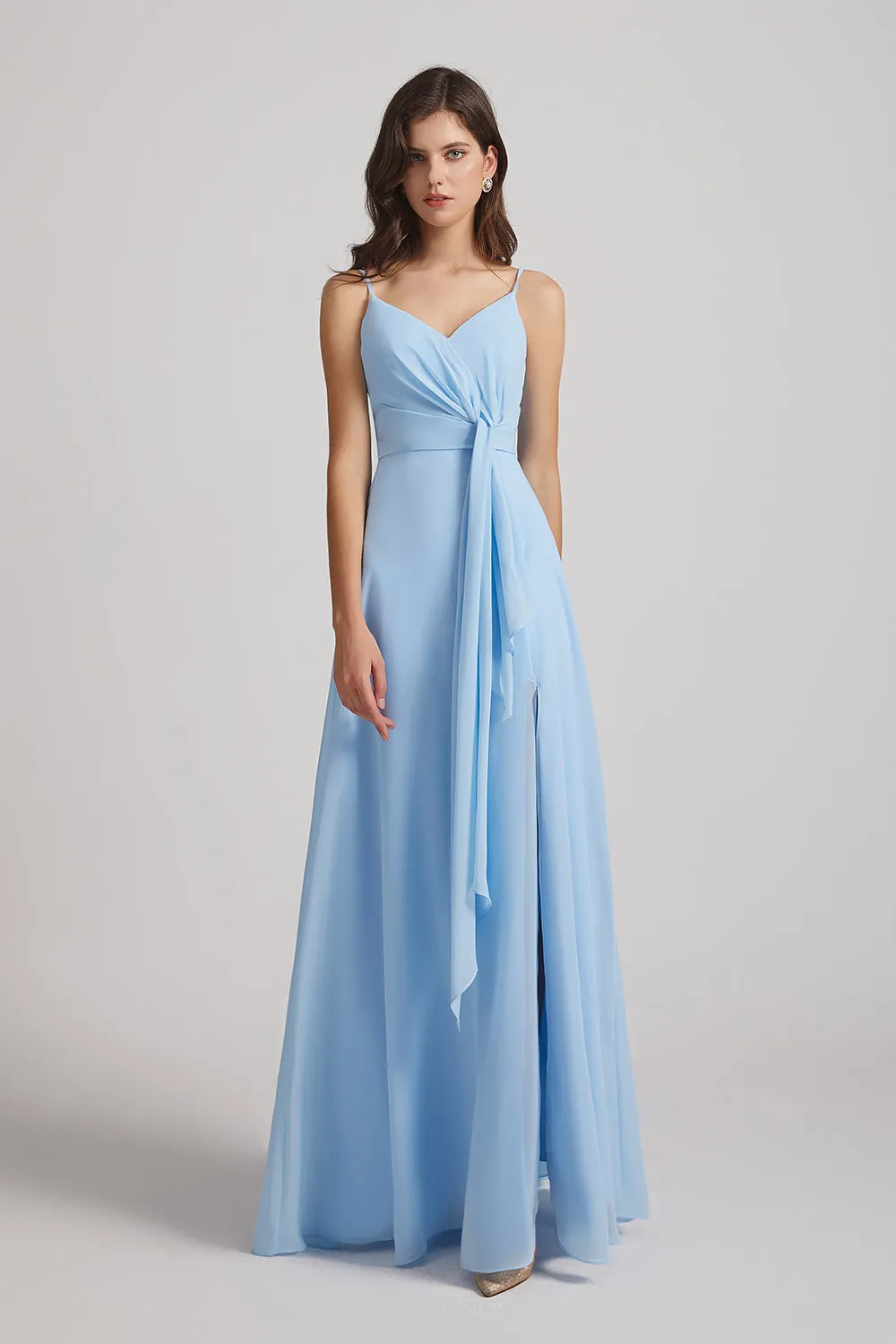 Straps V-Neck Chiffon Bridesmaid Dresses with Waist Knot and Side Slit (AF0101)