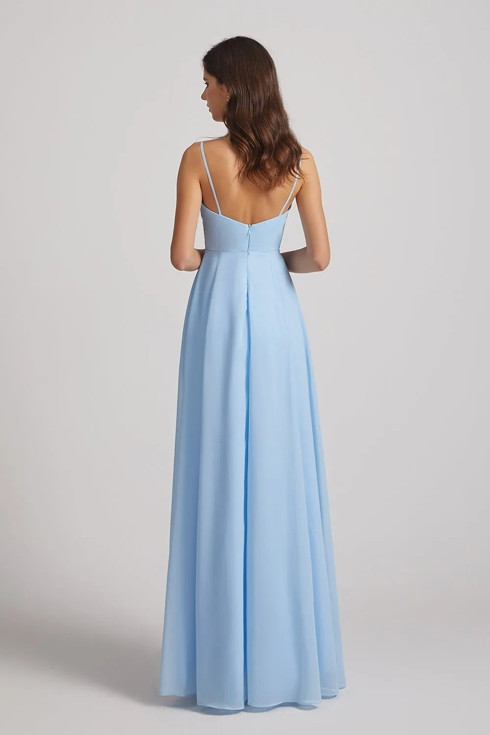 Straps V-Neck Chiffon Bridesmaid Dresses with Waist Knot and Side Slit (AF0101)